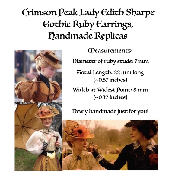 Crimson Peak Lady Edith Sharpe Gothic Ruby Earrings, Handmade Replicas - Picture 13 of 14